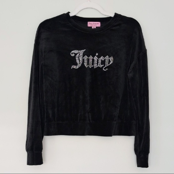 Juicy Couture Sweaters - Vintage Y2K Juicy Couture Bling Rhinestone Velour Soft Black Cropped Shirt Med